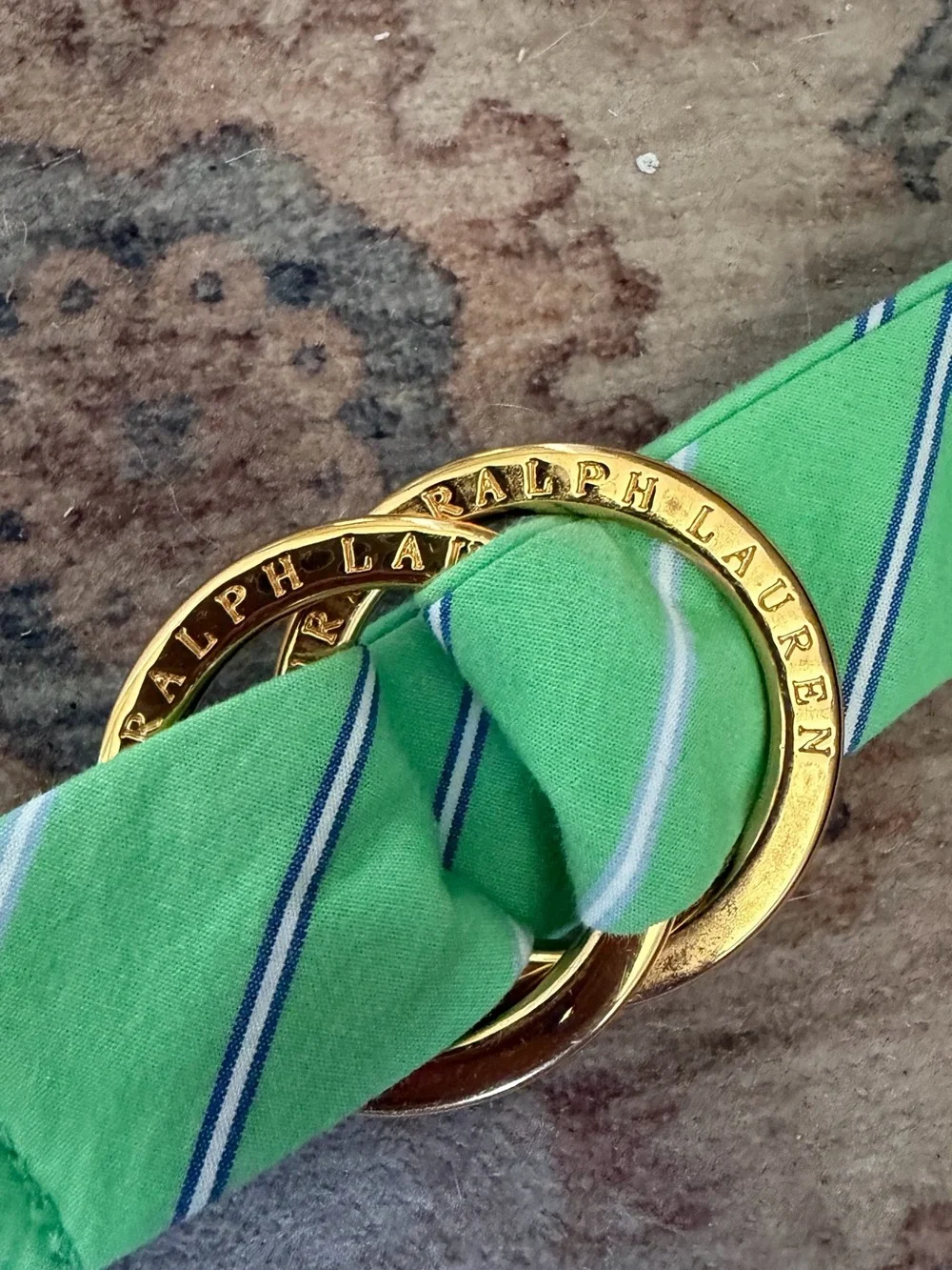 Ralph Lauren Green Blue Stripe Cotton D-Ring Belt Gold Logo Buckle 41”